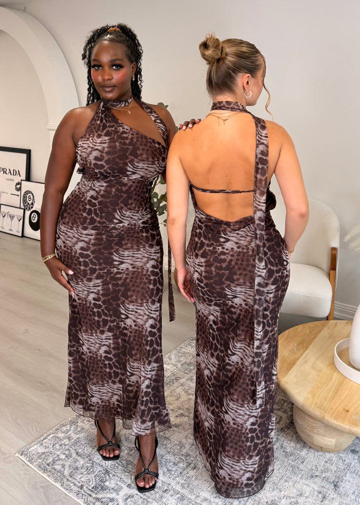 Zahara Dress – Brown Asymmetrical Backless Maxi