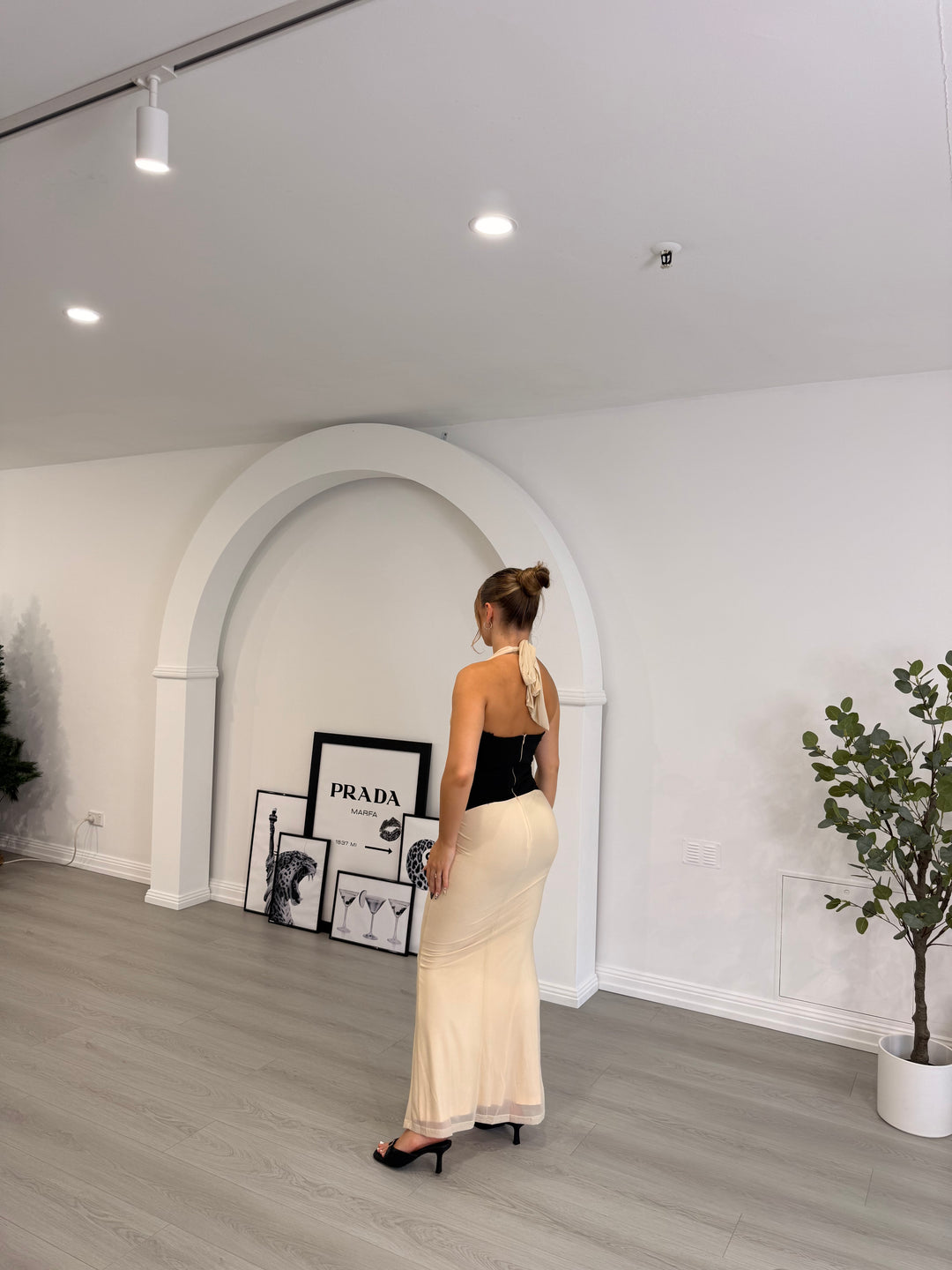 The Bianca Halter Maxi Dress — Champagne & Noir Elegance