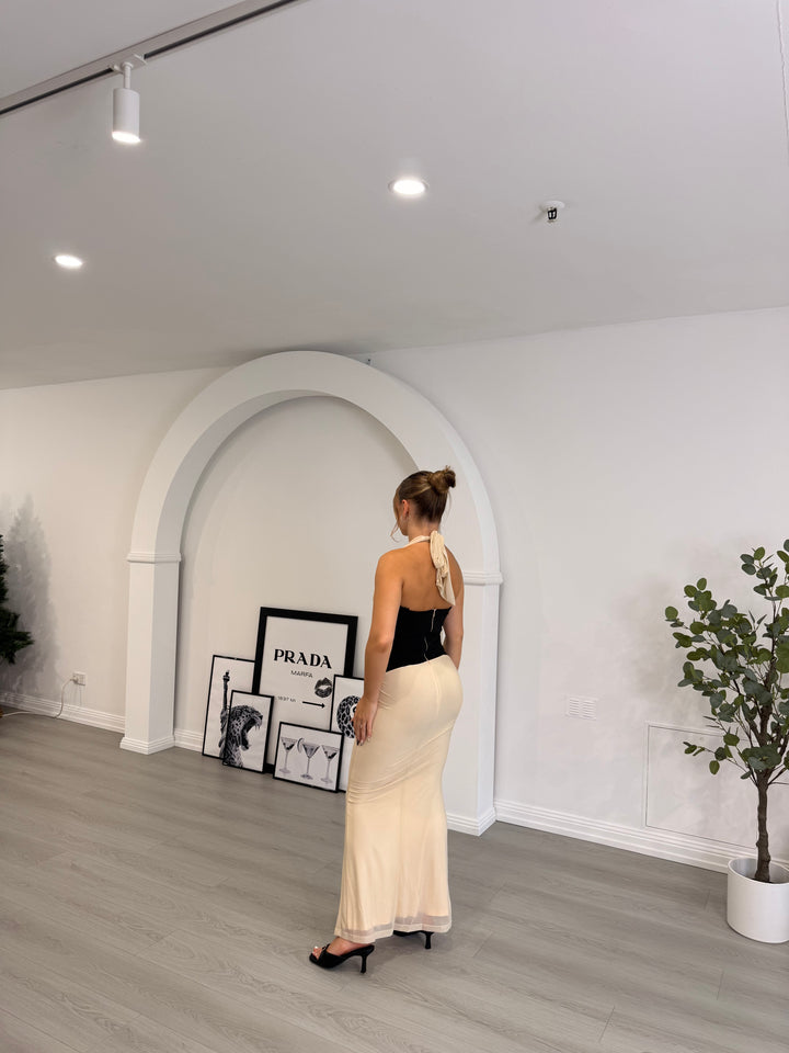 The Bianca Halter Maxi Dress — Champagne & Noir Elegance