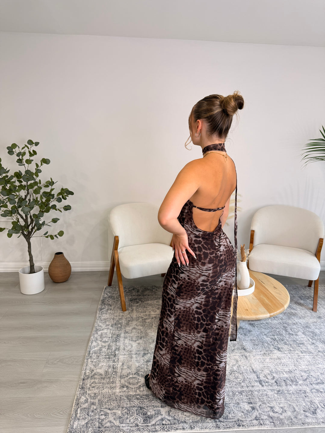 Zahara Dress – Brown Asymmetrical Backless Maxi