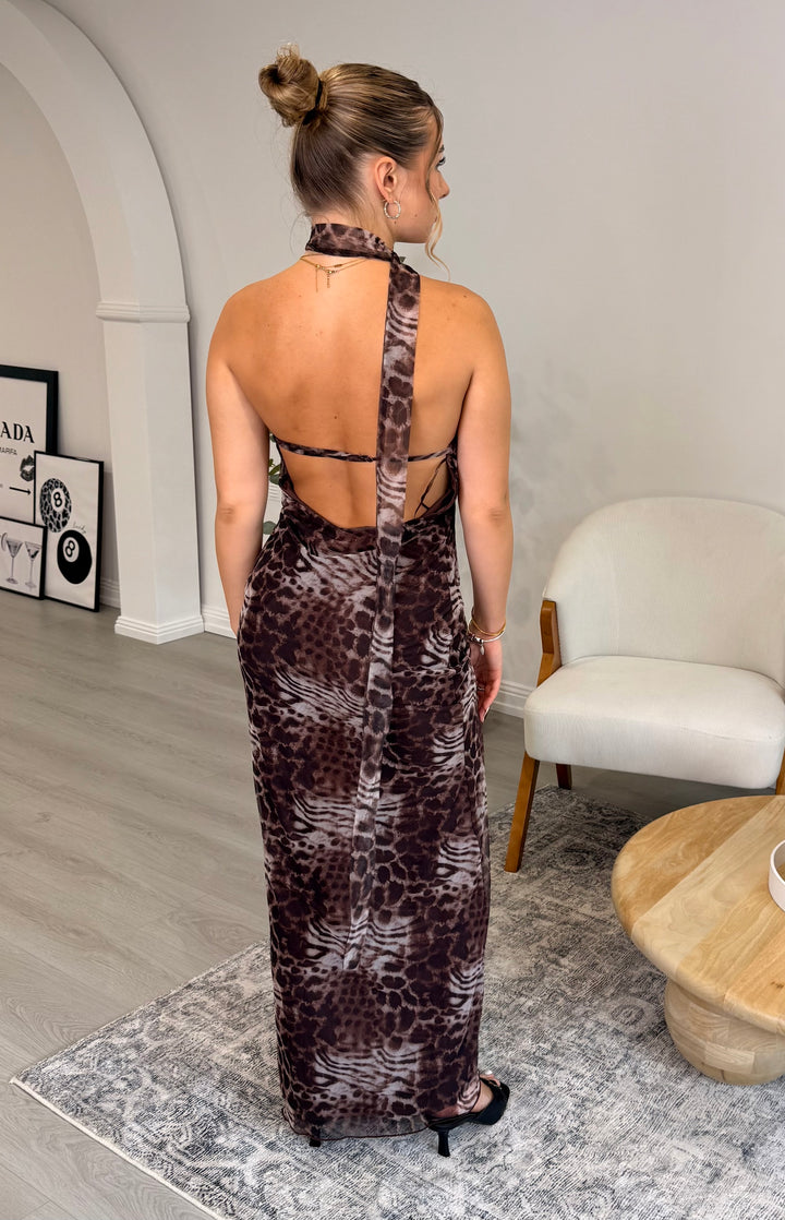 Zahara Dress – Brown Asymmetrical Backless Maxi