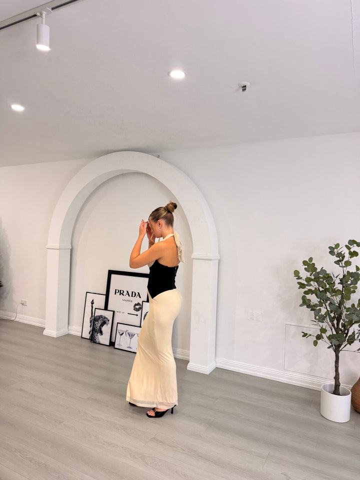 The Bianca Halter Maxi Dress — Champagne & Noir Elegance