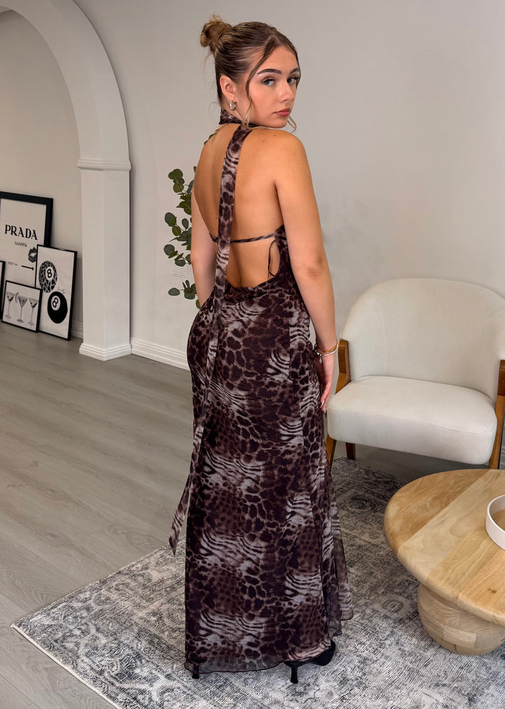 Zahara Dress – Brown Asymmetrical Backless Maxi