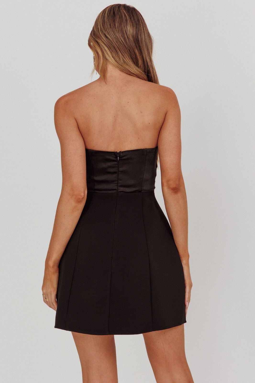 Belle Black Mini - Silk - Esque Strapless Satin Bodice Mini Dress - Hauze Of CJBelle Black Mini - Silk - Esque Strapless Satin Bodice Mini DressBelle Black Mini - Silk - Esque Strapless Satin Bodice Mini Dress