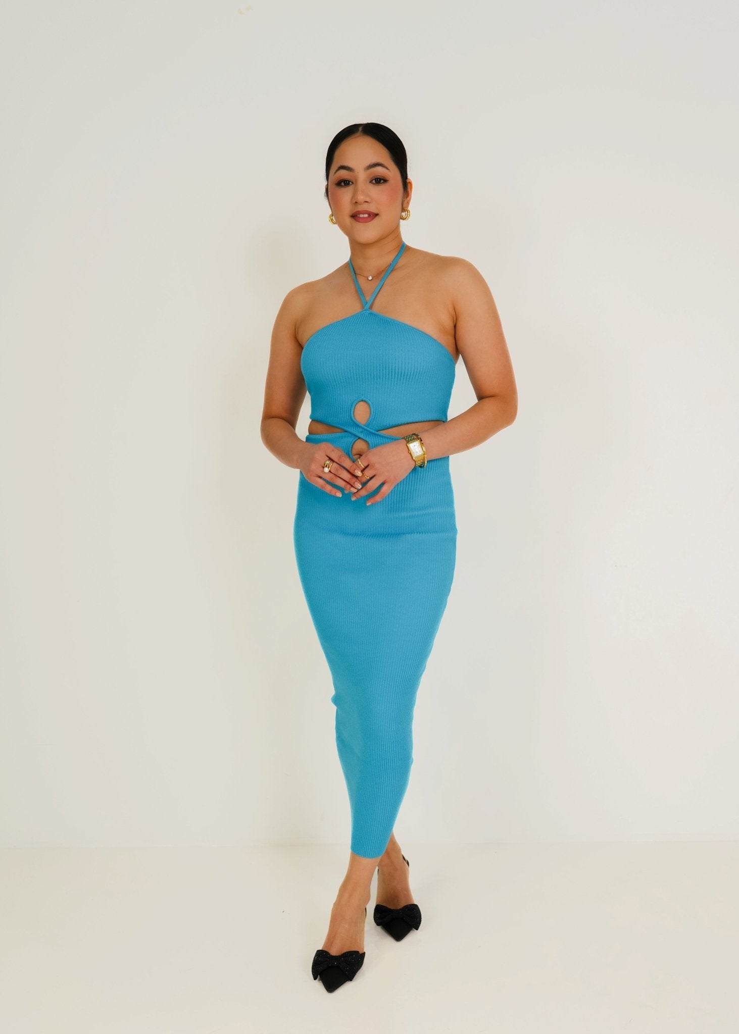 Haven knit dress - Blue halter neck midi dress - Hauze Of CJ Haven knit dress - Blue halter neck midi dressHaven knit dress - Blue halter neck midi dress