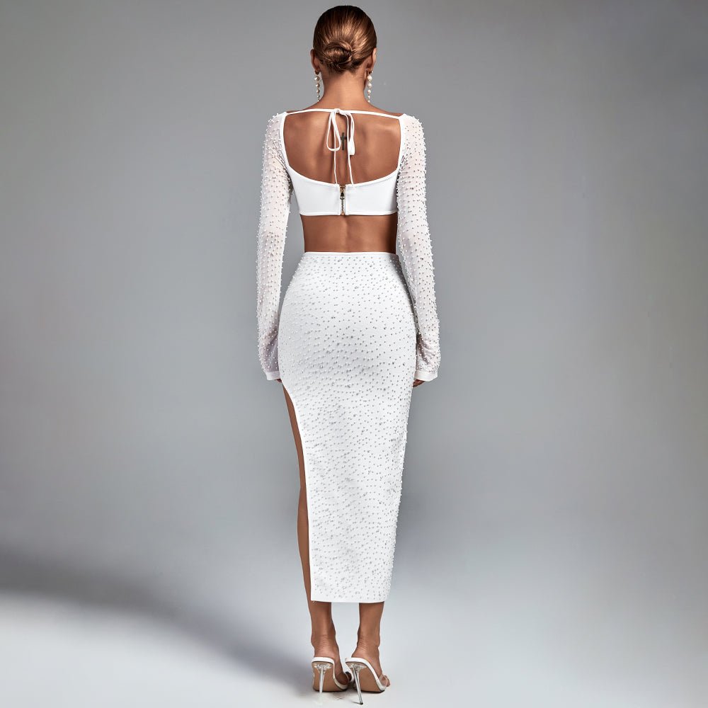 Iggy White Set - White Two - Piece Set with Pearl Embellishments and Mesh Sleeves - Hauze Of CJIggy White Set - White Two - Piece Set with Pearl Embellishments and Mesh SleevesIggy White Set - White Two - Piece Set with Pearl Embellishments and Mesh Sleeves