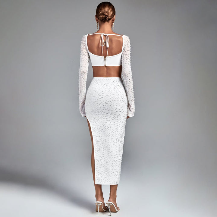 Iggy White Set - White Two - Piece Set with Pearl Embellishments and Mesh Sleeves - Hauze Of CJIggy White Set - White Two - Piece Set with Pearl Embellishments and Mesh SleevesIggy White Set - White Two - Piece Set with Pearl Embellishments and Mesh Sleeves