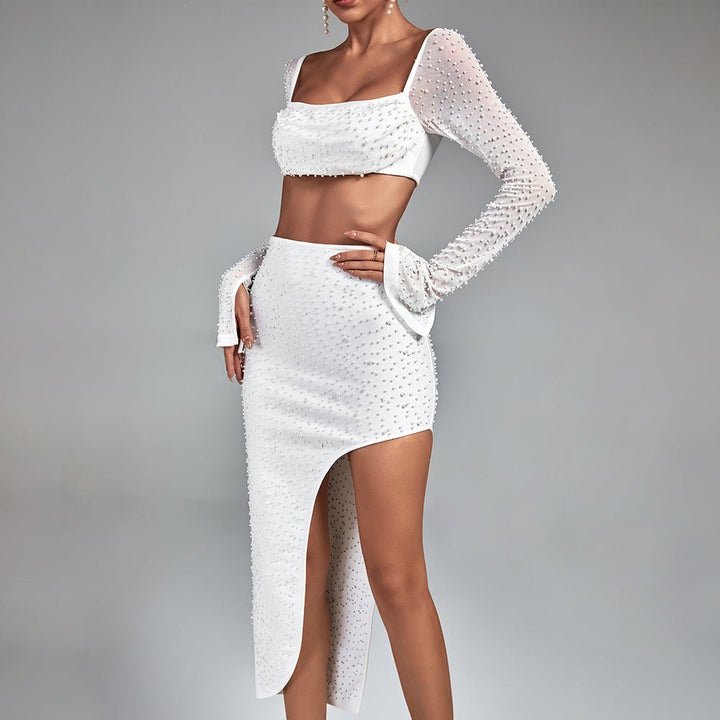 Iggy White Set - White Two - Piece Set with Pearl Embellishments and Mesh Sleeves - Hauze Of CJIggy White Set - White Two - Piece Set with Pearl Embellishments and Mesh SleevesIggy White Set - White Two - Piece Set with Pearl Embellishments and Mesh Sleeves
