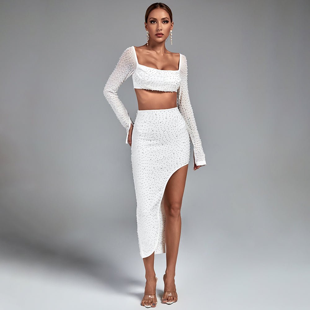 Iggy White Set - White Two - Piece Set with Pearl Embellishments and Mesh Sleeves - Hauze Of CJIggy White Set - White Two - Piece Set with Pearl Embellishments and Mesh SleevesIggy White Set - White Two - Piece Set with Pearl Embellishments and Mesh Sleeves