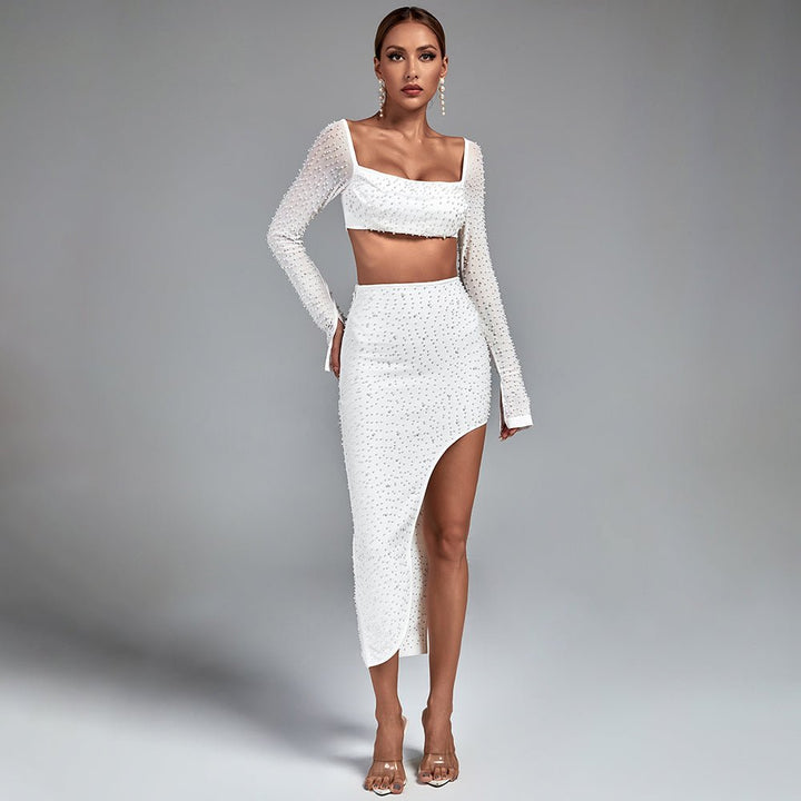 Iggy White Set - White Two - Piece Set with Pearl Embellishments and Mesh Sleeves - Hauze Of CJIggy White Set - White Two - Piece Set with Pearl Embellishments and Mesh SleevesIggy White Set - White Two - Piece Set with Pearl Embellishments and Mesh Sleeves