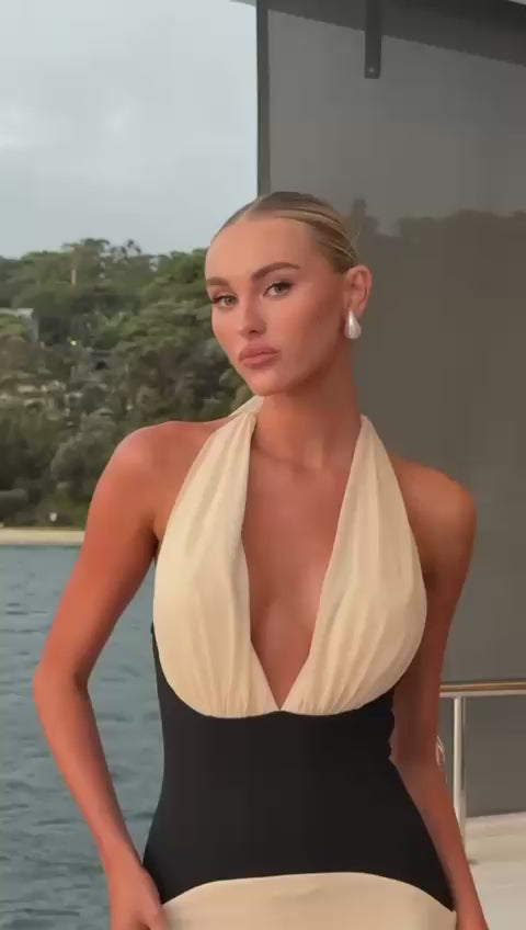 The Bianca Halter Maxi Dress — Champagne & Noir Elegance