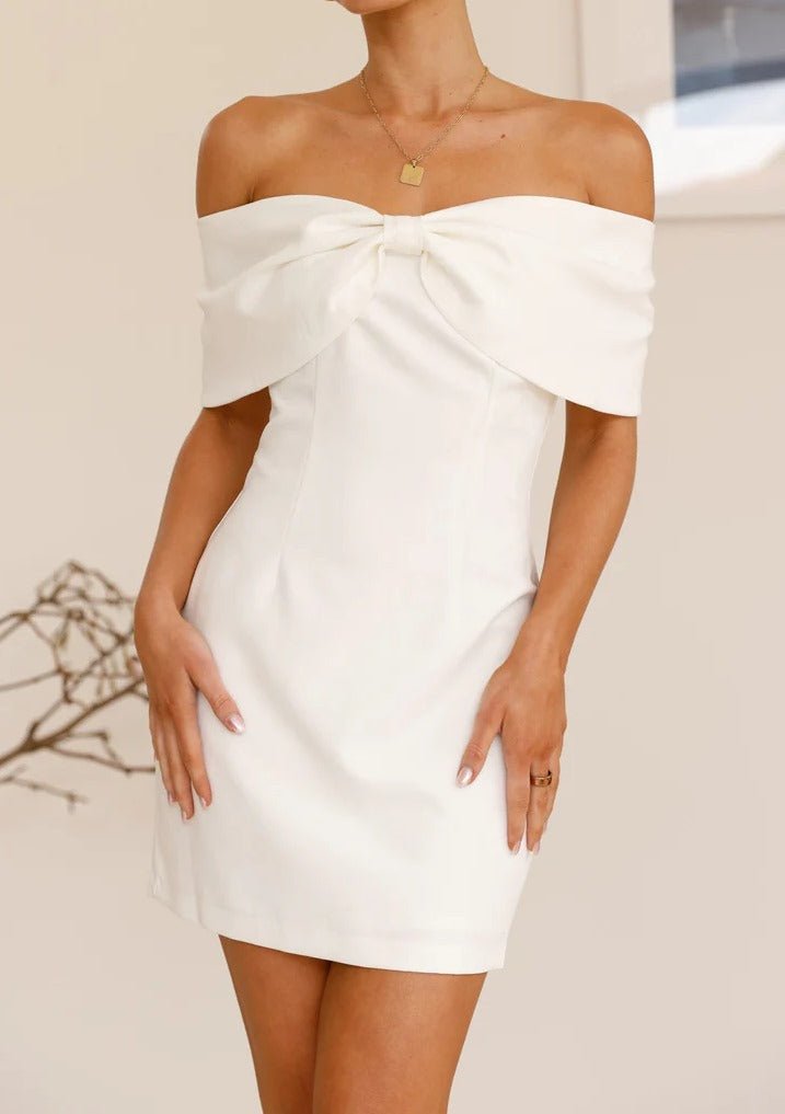 Snow Blossom Dress - Off - the - Shoulder White A - Line Dress with Statement Bow - Hauze Of CJSnow Blossom Dress - Off - the - Shoulder White A - Line Dress with Statement BowSnow Blossom Dress - Off - the - Shoulder White A - Line Dress with Statement Bow